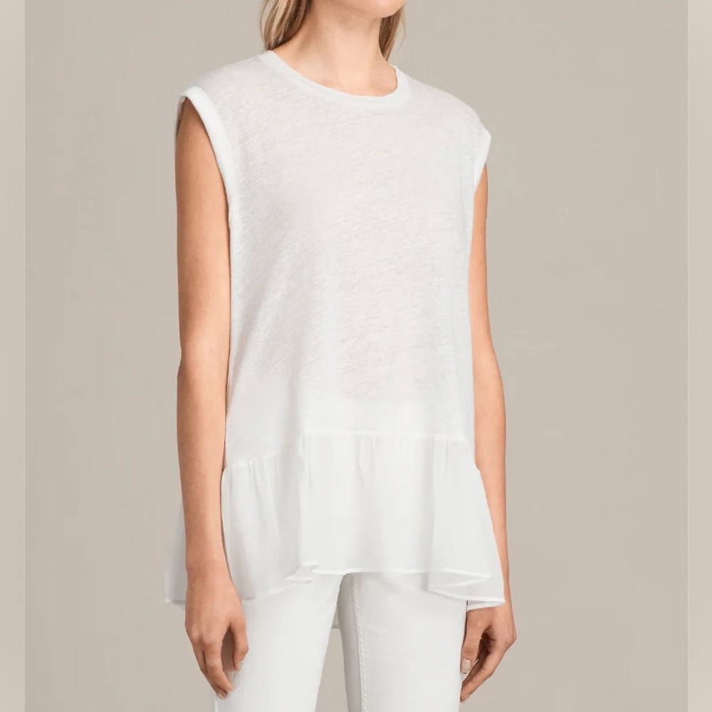 All Saints White 100% Linen Sleeveless Tee with Viscose Ruffle Bottom XS
